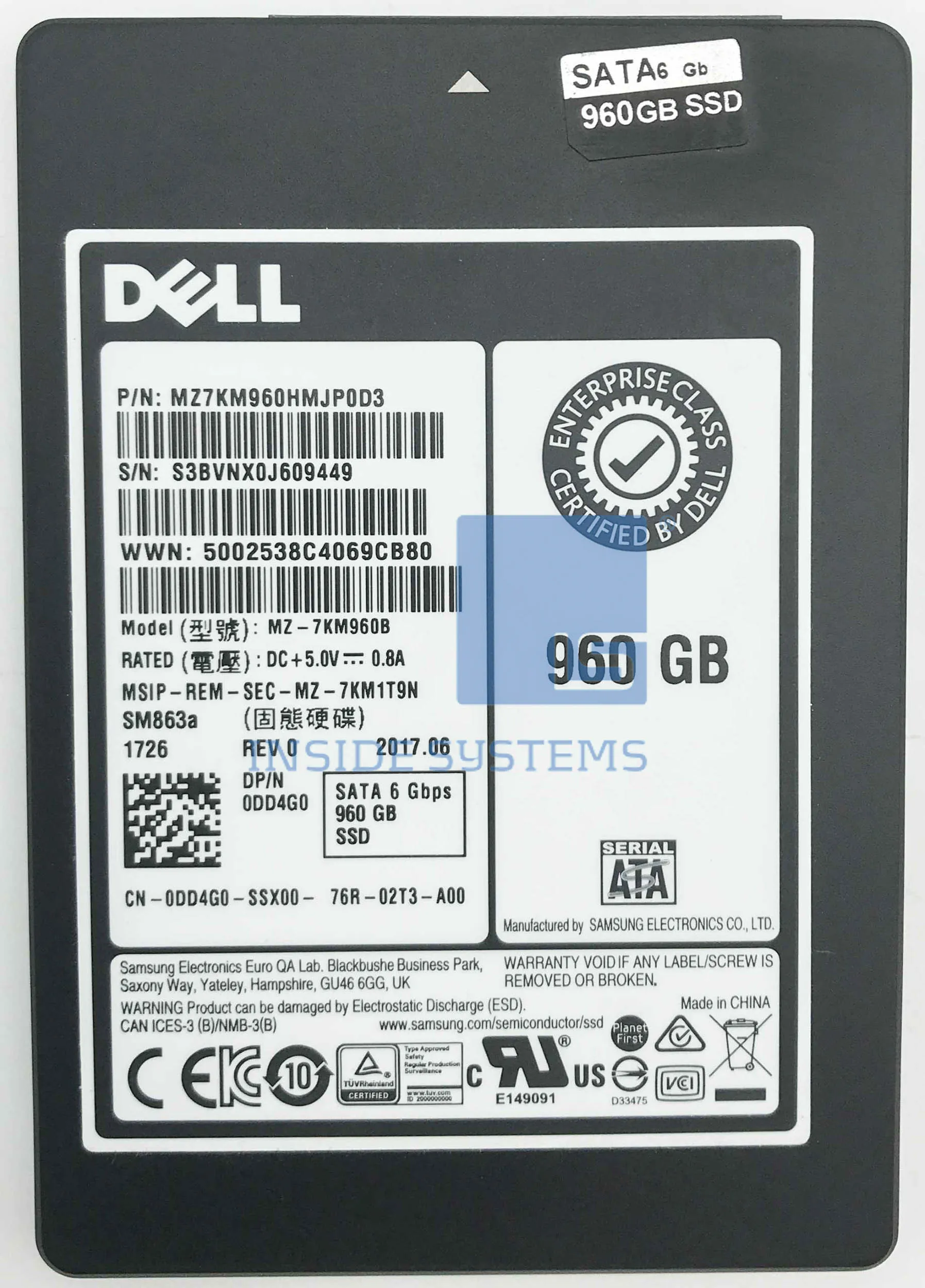0DD4G0 Dell 960GB SSD 6G SATA 2.5 MU MLC