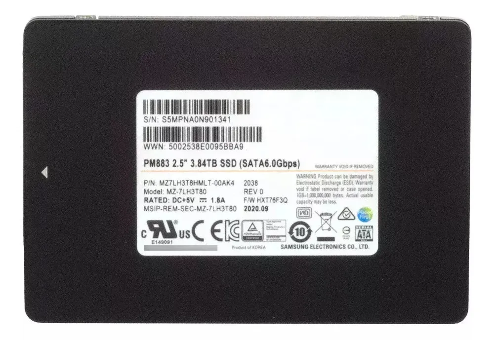SSD SAMSUNG 3.84TB 2.5' 6GB SATA - PM883 MZ-7LH3T80