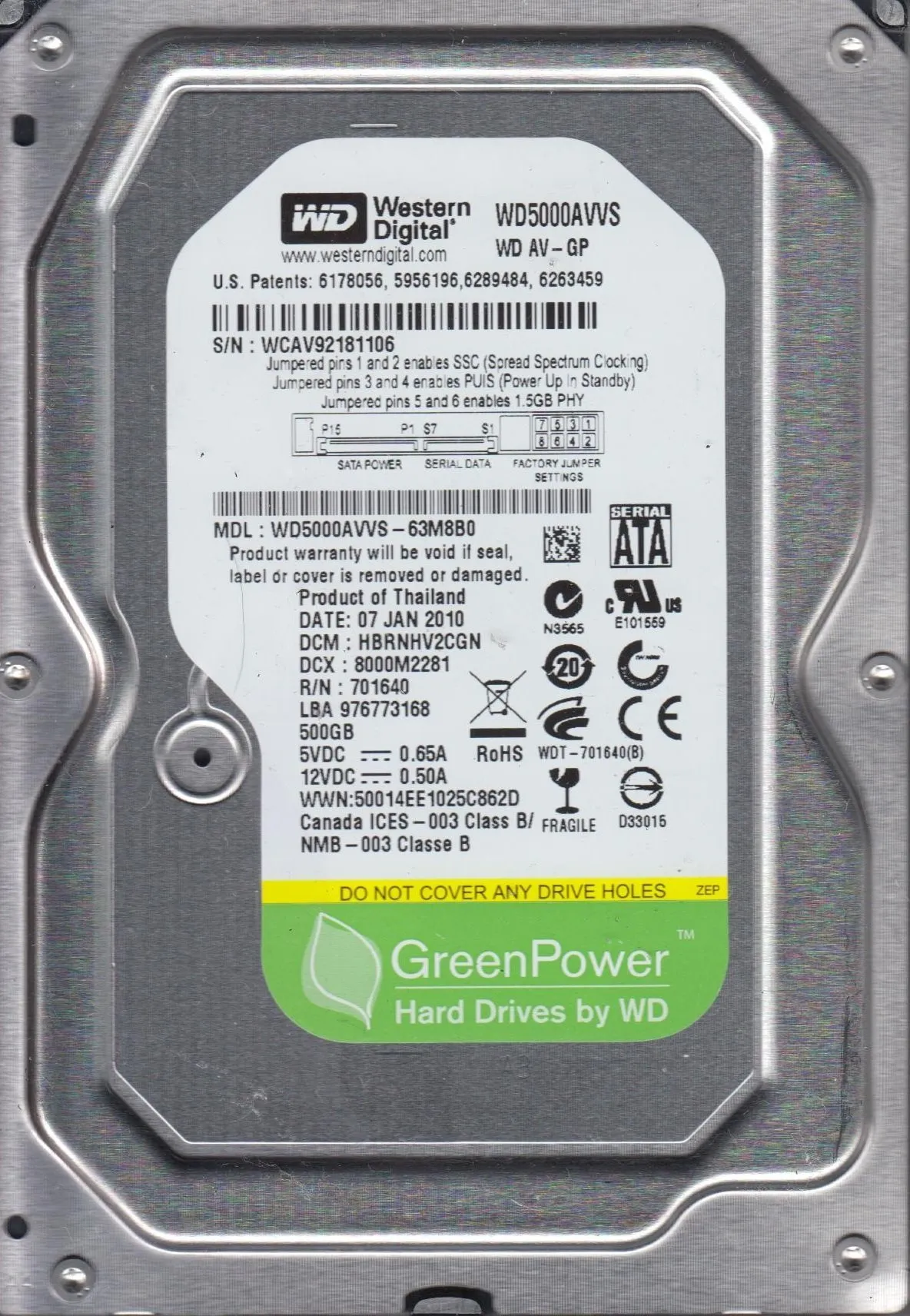 WD5000AVVS WD GREEN 500GB 7.2K 3G 3.5INCH SATA HDD
