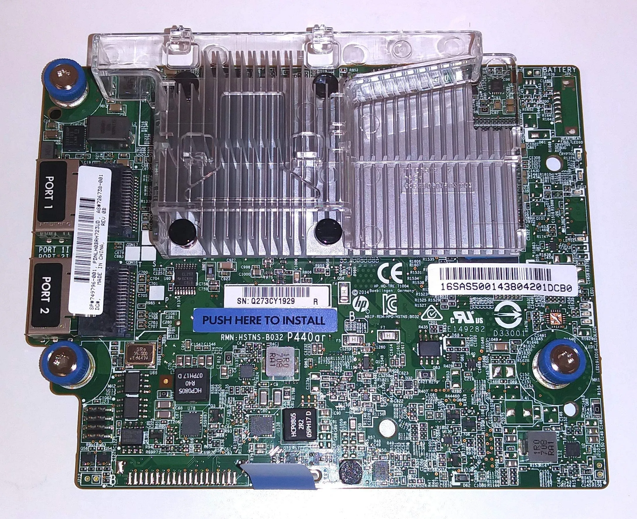 749796-001 HP Smart Array P440ar - Adaptive RAID On Chip(AROC) daughterboard controller - Two internal x4 mini-SAS ports. 2GB of embedded flashed back write cache (FBWC) memory. 12Gb/sec SAS transfer rates - Does not include battery. FBWC cannot be ordere