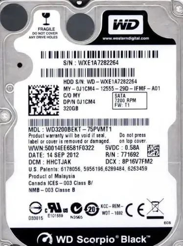 WD3200BEKT WESTERN DIGITAL BLACK 320GB 7,2K 2,5INCH SATA HDD