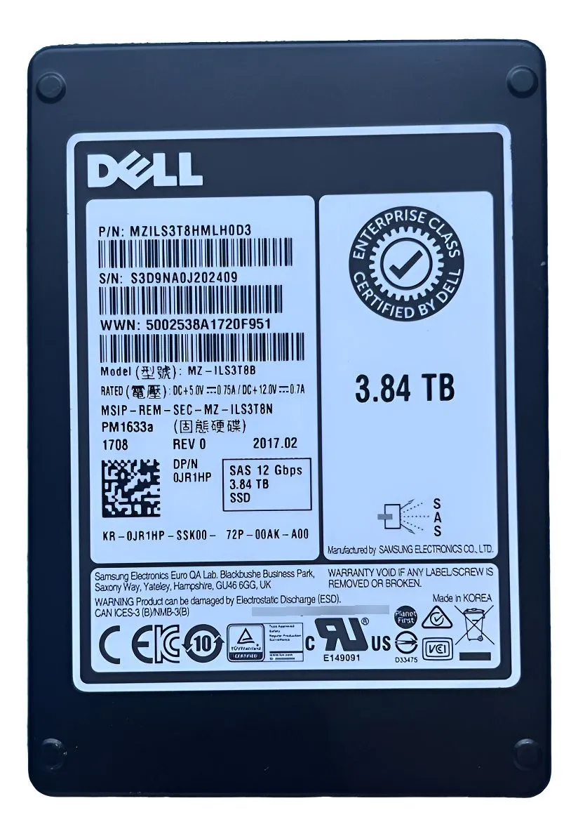 SSD DELL 3.84TB, JR1HP, 2.5, SAS, RI, 12GBPS MZILS3T8HMLH0D3