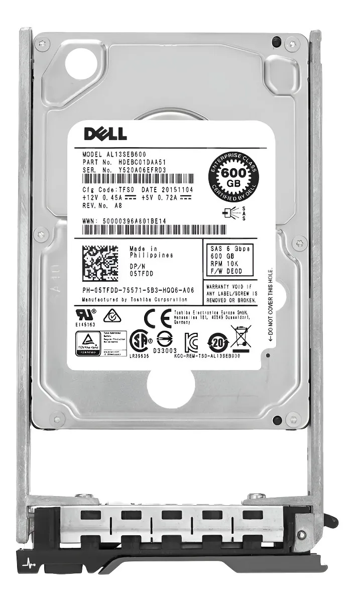 HD DELL 600GB, 5TFDD, 2.5, SAS, 10K, 6GBPS, 512n, w/ G176J - R610, R720, R730