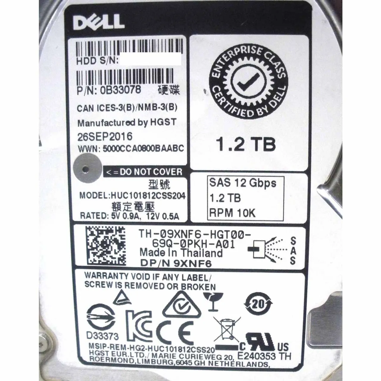 9XNF6 DELL 1,2TB 10K 12G 2,5INCH SAS HDD