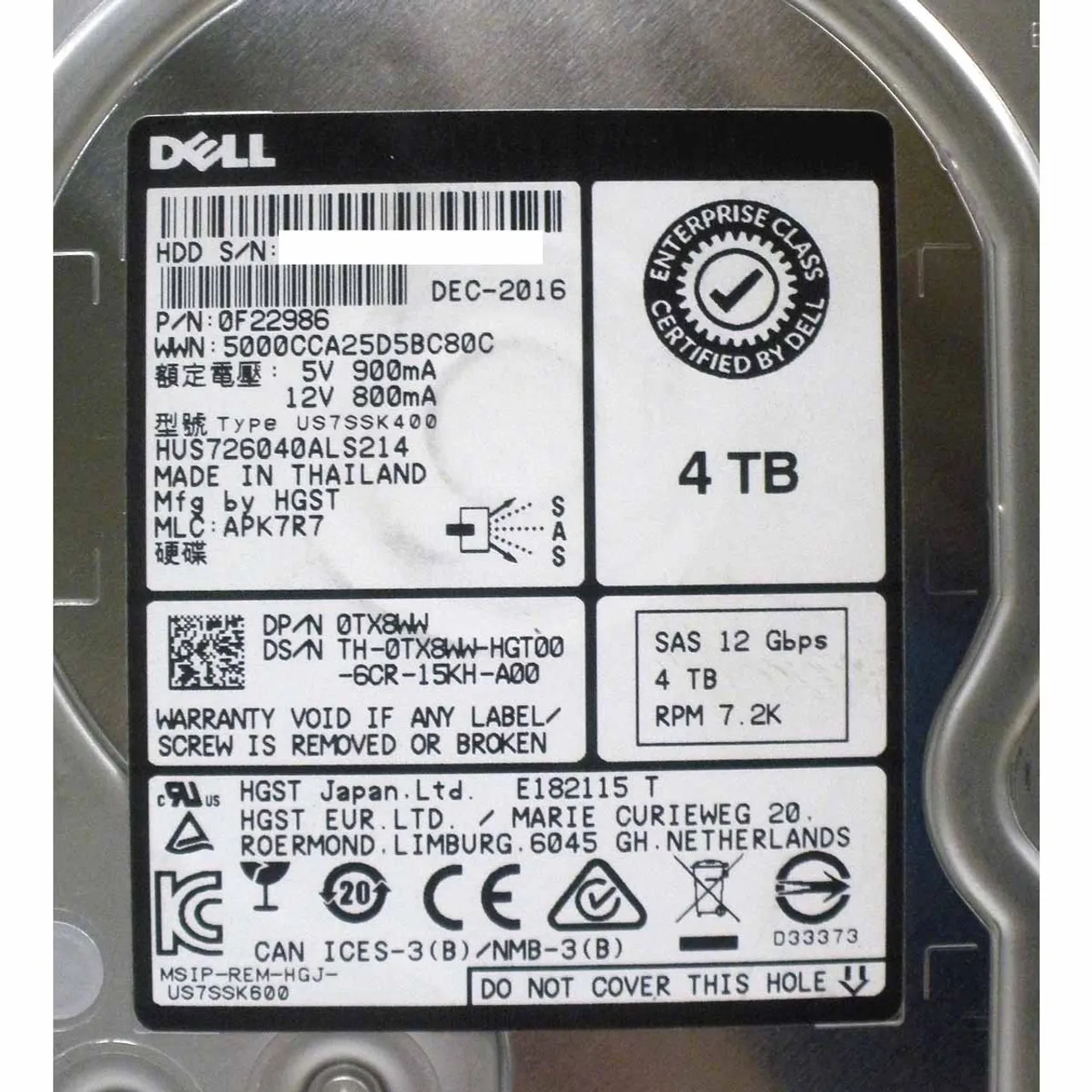 400-ALRT Dell 4TB 7.2K 12G SAS 3.5
