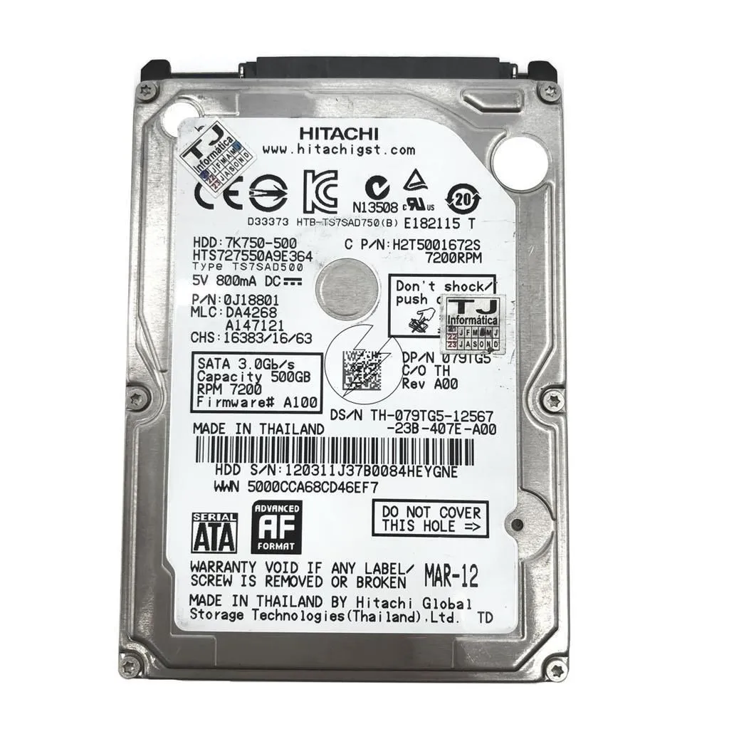 HD 500GB 2,5' SATA 7,2K da Hitachi 7K750-500 H2T5001672S