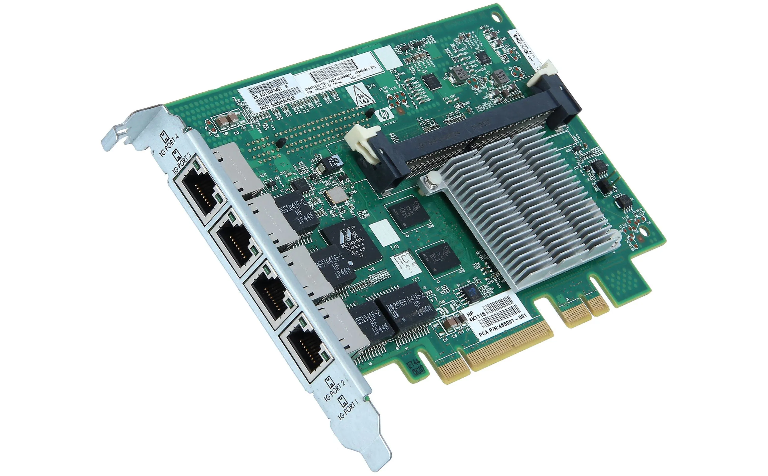 491838-001 HP NC375i adapter board - Provides four NIC interface connectors for the server - Plugs in PCIe expansion slot 10 (closest slot to the processors)