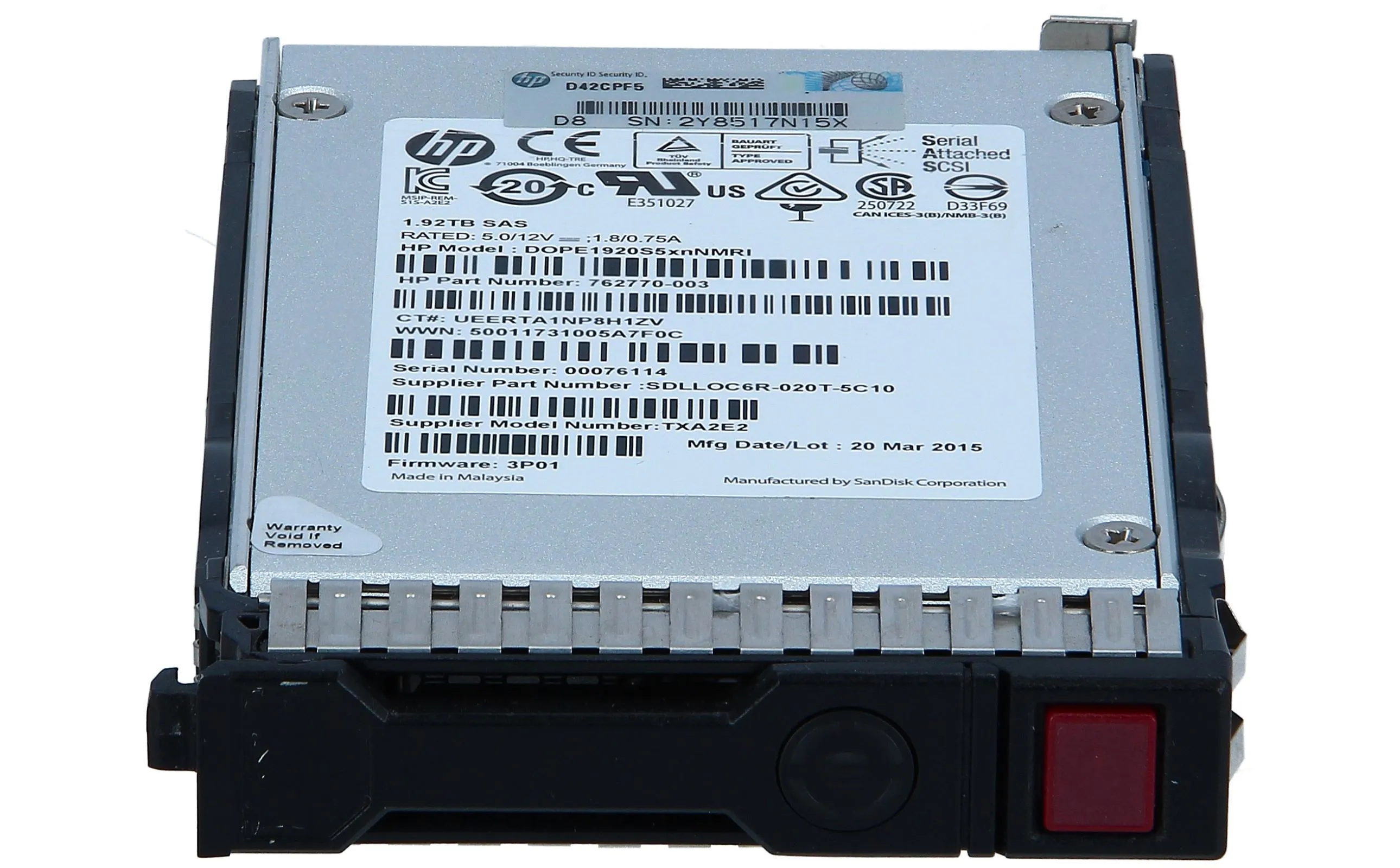 762770-003 HP HPE 3PAR StoreServ M6710 1.92TB SAS SFF (2.5in) Solid State Drive