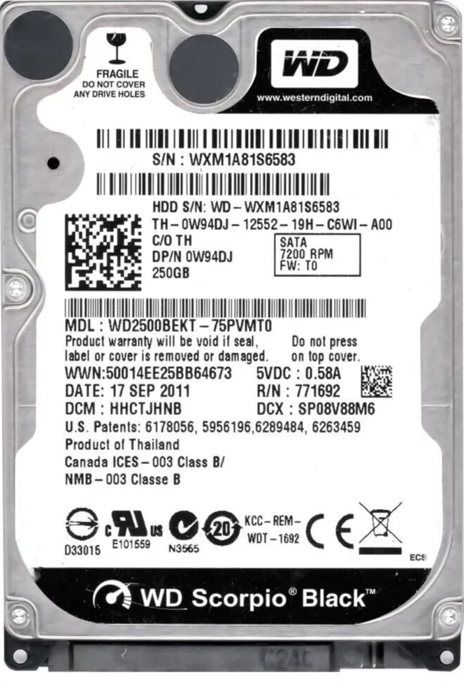 0W94DJ WesternDigital WD 250GB 7.2K RPM SATA 2.5in HDD
